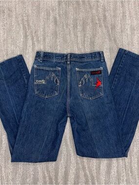VTG 80’s DEVILS Jeans Embroidered Straight Leg Dark Wash Rare Flame Women’s 30”